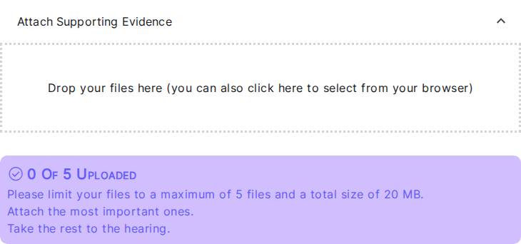The Attach Supporting Evidence panel, ready for files