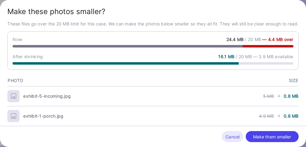 The downsize offer, showing current and projected totals and the exact new size of each photo