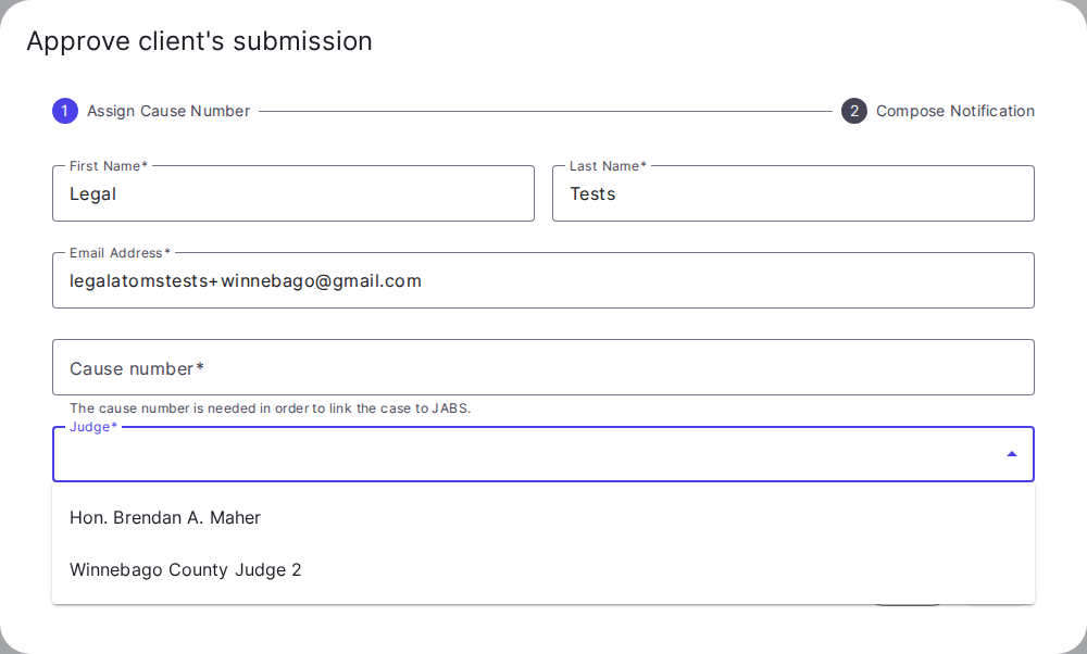 The "Approve client's submission" dialog with the Judge field open, listing Hon. Brendan A. Maher and Winnebago County Judge 2