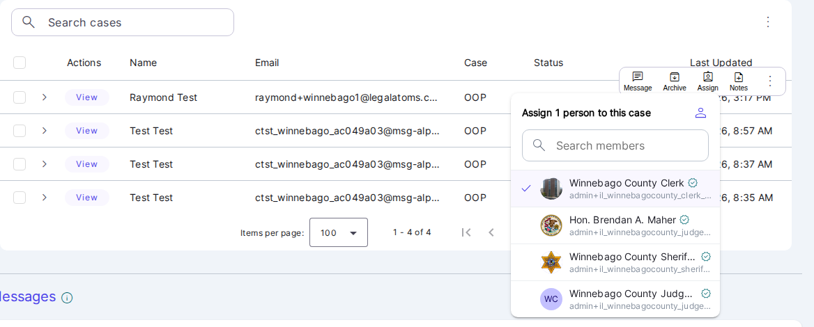 The Assign menu open on a dashboard row, listing every member of the court with the current assignee checked