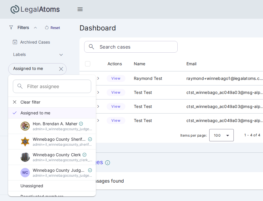 The Assignees filter menu, with "Assigned to me" checked and each member of the court listed below it