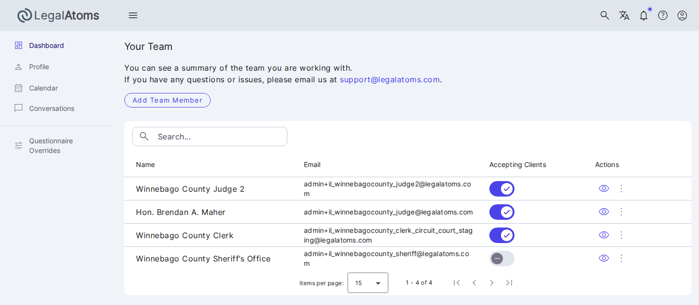 The organization account's Your Team page, listing Winnebago County Judge 2, Hon. Brendan A. Maher, Winnebago County Clerk, and Winnebago County Sheriff's Office
