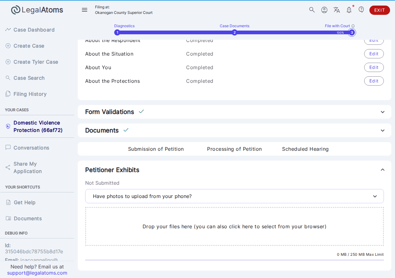 The Petitioner Exhibits panel open, ready for files to be added