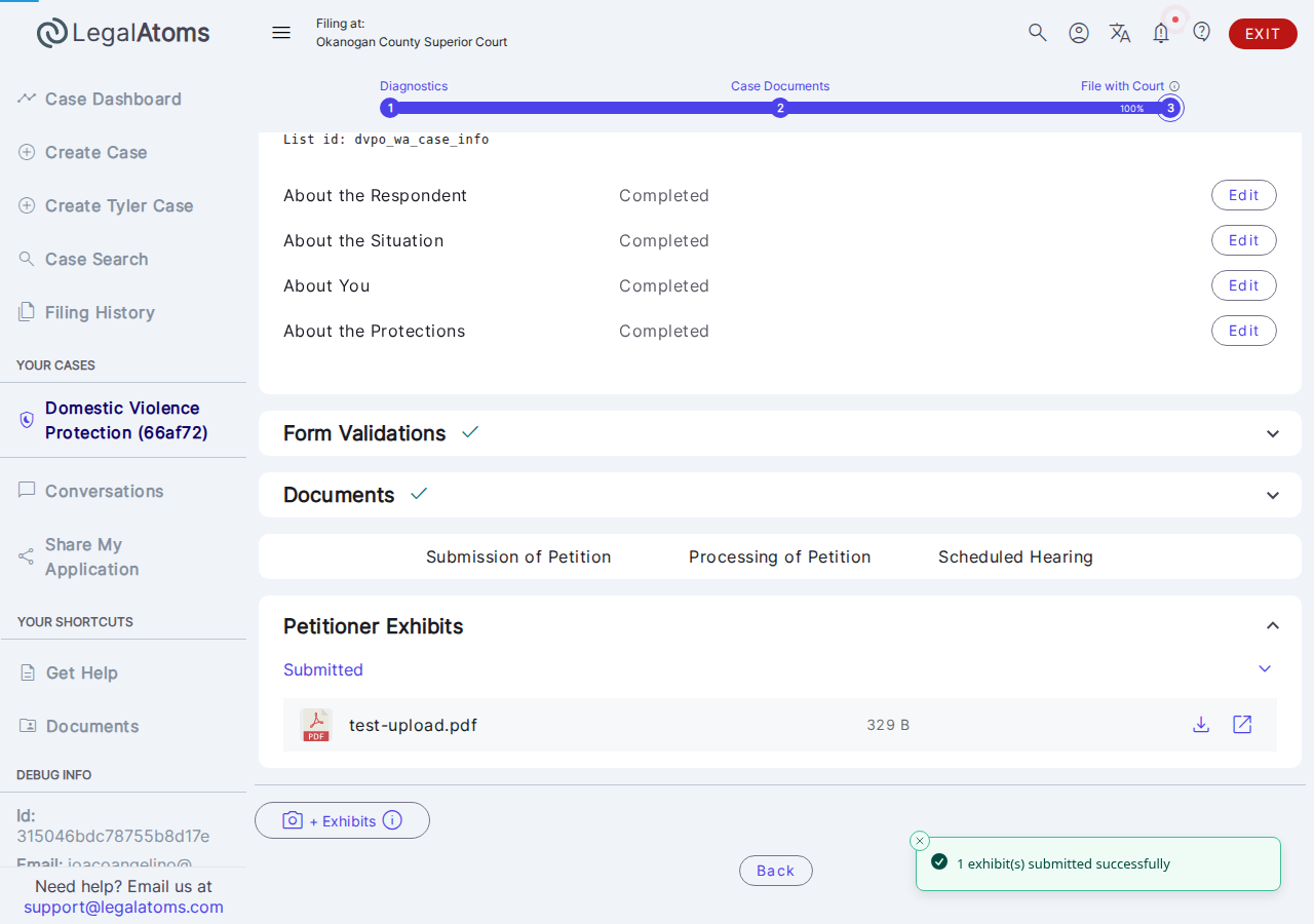 The exhibits panel showing a submitted set awaiting clerk review