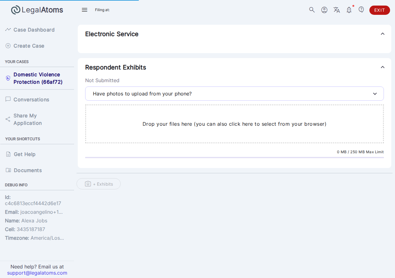 The Respondent Exhibits panel open, ready for files to be added